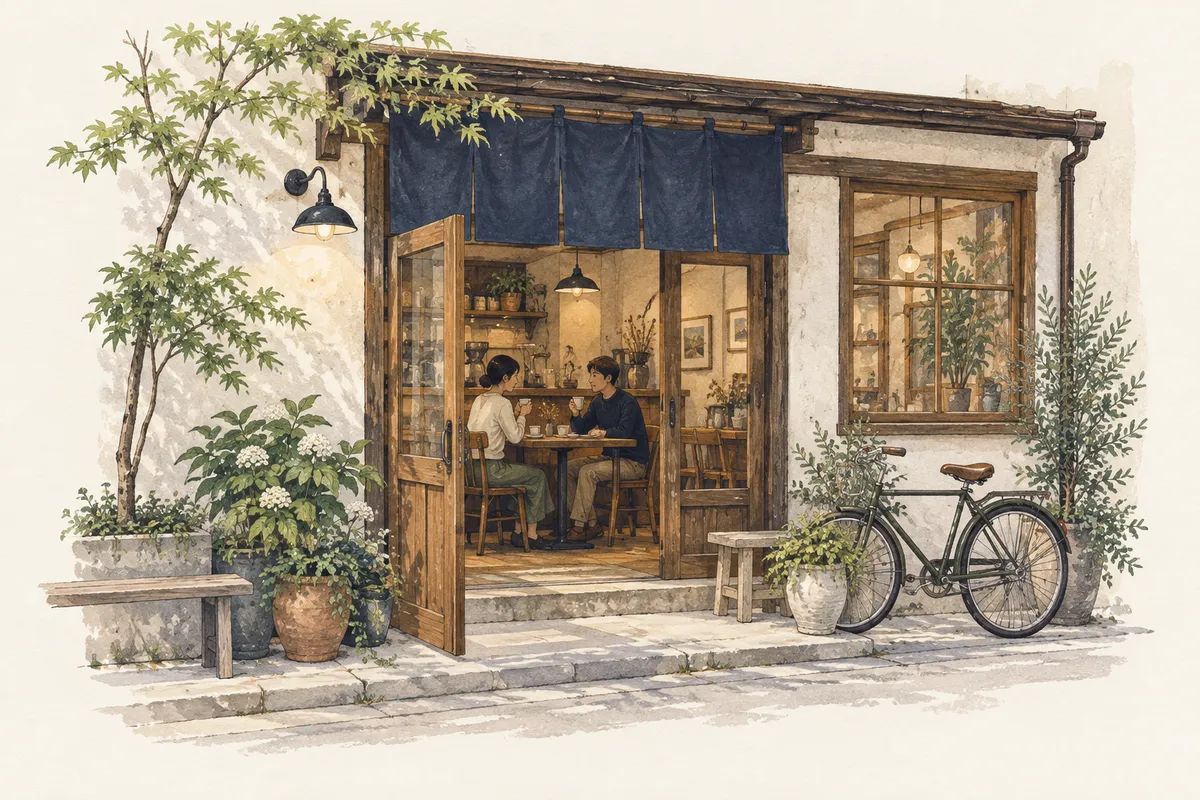 Watercolor illustration of two friends chatting over coffee at a sunny café table