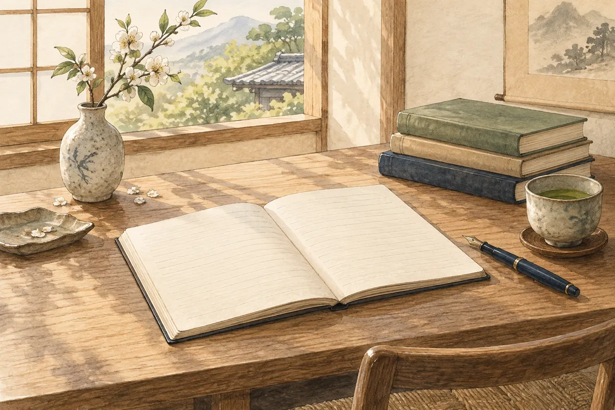 Watercolor illustration of an open notebook, books, and tea beside a sunny window