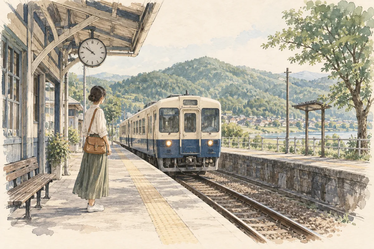 Watercolor illustration of a traveler with a suitcase waiting on a station platform
